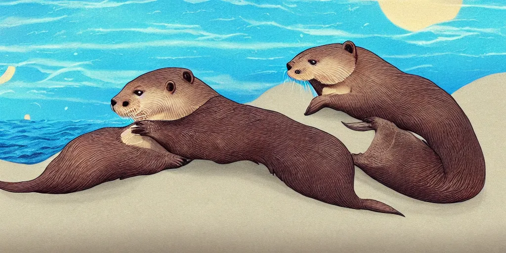 Image similar to otters hold hands while they sleep so nobody will drift away to the sea during the stormy night , fantasy illustration, cinematic, award winning, romantic, detailed trending on art station masterpiece