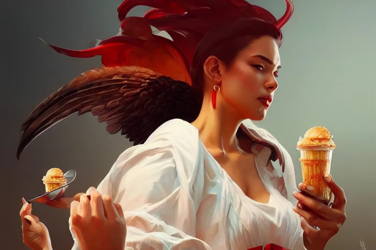 Image similar to kfc chicken, portrait, elegant, intricate, digital painting, artstation, concept art, smooth, sharp focus, illustration, art by artgerm and greg rutkowski and alphonse mucha