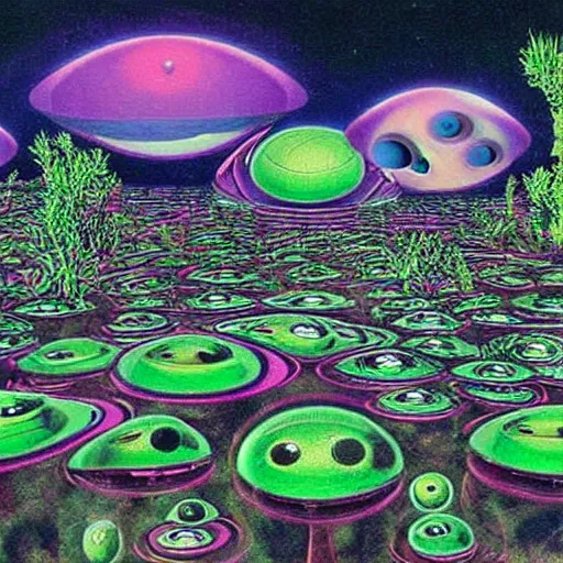 Image similar to 1960s photograph of an alien world with floating islands and beautiful gigantic plants with eyeballs, trippy, psychedelic, space art, galaxy nova