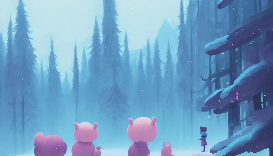 Image similar to a beautiful highly detailed matte painting of cute monsters in a snowy forest by atey ghailan, cliff chiang, loish and goro fujita, white, blue, pink and cyan mystical tones, featured on artstation, featured on behance, grunge aesthetic