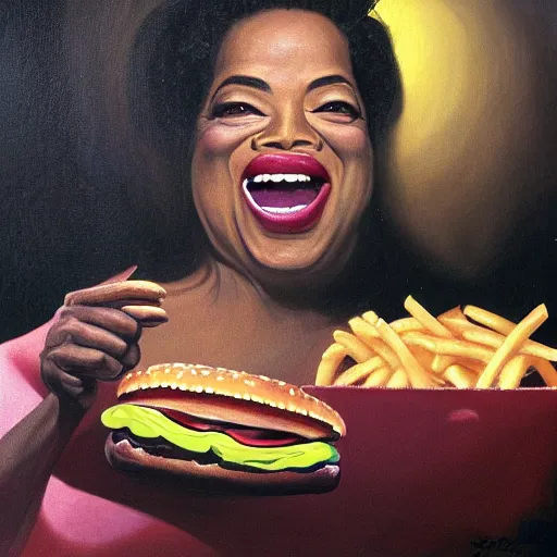 Prompt: surreal grotesque kitsch low-brow portrait of Oprah Winfrey emerging from deep shadows eating hamburgers, extra onions and ketchup, luscious patty with sesame seeds, figure in the darkness, serving big macs, french fry pattern ambience, Francisco Goya, painted by John Singer Sargant, Adrian Ghenie, style of Francis Bacon, highly detailed, 8k, trending on artstation