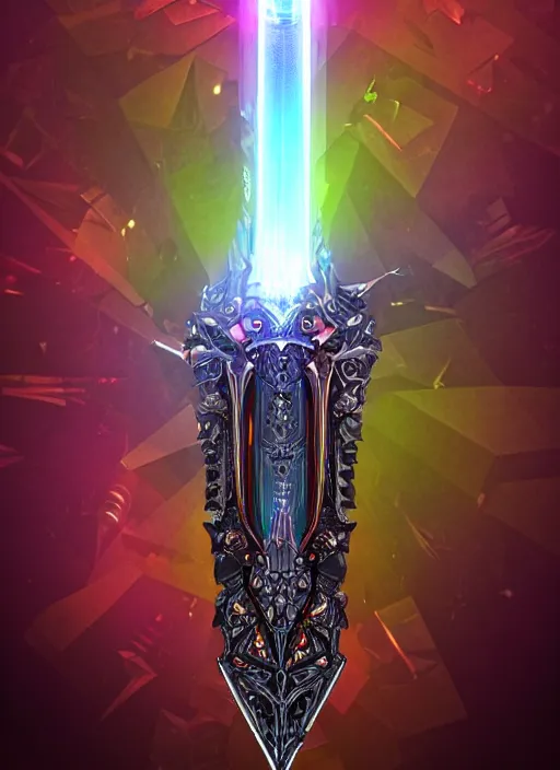 Image similar to legendary glowing sword of cybernetic technology, intricate, sharp black and iridescent blade, ornate gothic baroque spikes hilt, colorful handle, vivid detailed realistic, ray tracing, colored gems, artstation, deviantart