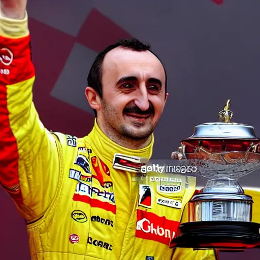 Image similar to Robert Kubica wearing a Ferrari uniform holding a F1 driver championship trophy, news photography, detailed, in focus