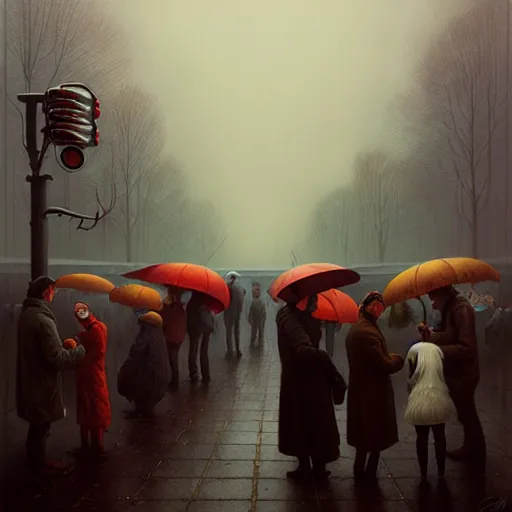 Prompt: waiting in line for cold soup by simon stalenhag and gil elvgren and tom bagshaw, dreary, cold, cloudy, grey