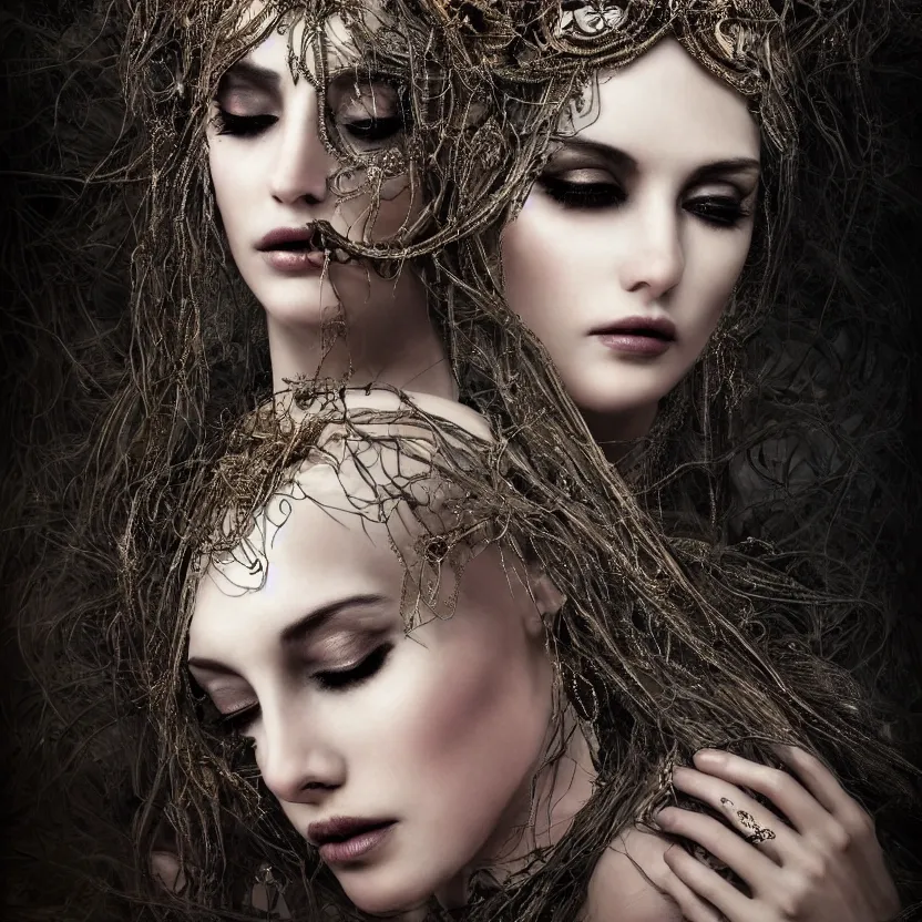 Image similar to mindblowing portrait of the enchantress queen, a stunning timeless beauty, breathtaking eyes, perfect skin, feathered eyelashes, royal gothic dress with a lot of leather, heavy silent hill aesthetic, incredibly intricate, digital art, blender, houdini & photoshop, very elegant & complex, hyper-maximalist, overdetailed, epic cinematic quality, biblical art lighting, photorealistic, lifelike, OLED, DSLR HDR 8k, face is the focus, facial feature symmetry, hyper composed, created by Nixeu & z--ed from deviantart