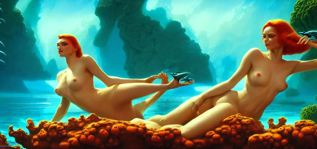 Prompt: beautiful alien women bathing in luminous water in the style of roger dean and alberto vargas and stefan kostic, realistic, photoreal, sharp focus, 8 k high definition, insanely detailed, intricate, elegant, art by greg rutkowski and artgerm, extreme blur coral reef background