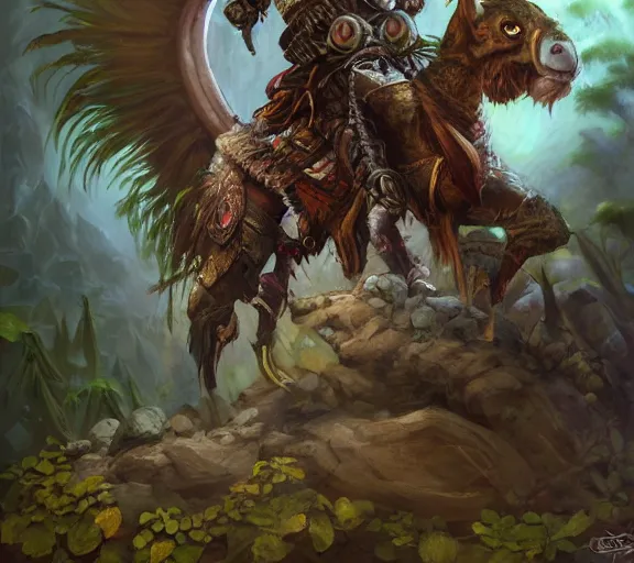 Prompt: dungeons and dragons fantasy painting, portrait, a feathered mouse spartan, 3 0 0, whimsical and cute, aztec, mayan, determined expressions, watery eyes, anime inspired, face paint, tufty whiskers, macuahuitl, in the jungle, feathered cavalry, by brain froud jessica rossier and greg rutkowski