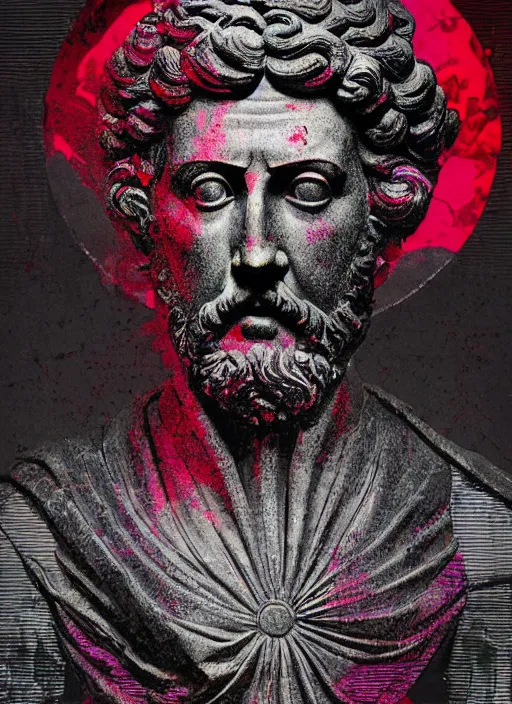 Image similar to design poster showing a statue of marcus aurelius, black background with very subtle red and purple design elements, powerful, nekro, graphic design, collage art, thin lines, dark, glitch art, neo vaporwave, gritty, layout frame, square, trending on artstation