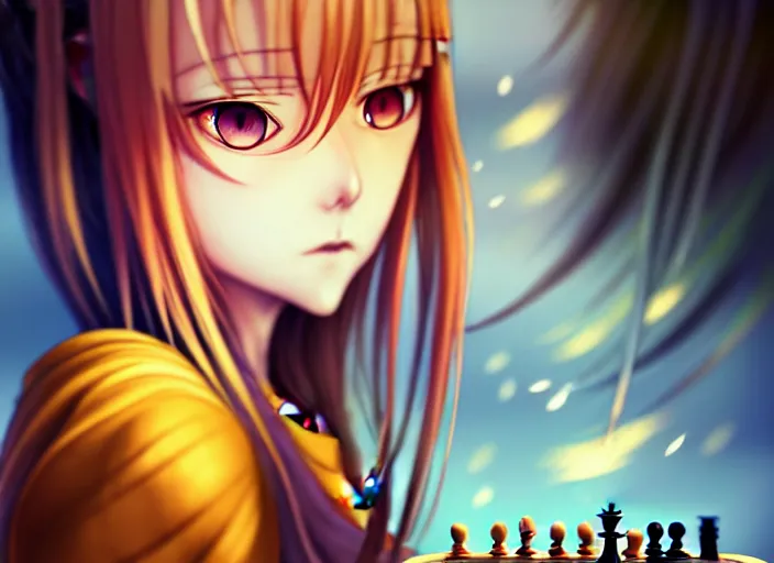 Image similar to rimuru playing chess, with amber eyes of gold color, straight hair, sky blue hair, long bangs, high collar, concept art, award winning photography, digital painting, cinematic, by wlop, anime key visual, wlop, 8 k, by ross tran, tom bagshaw, andy warhol