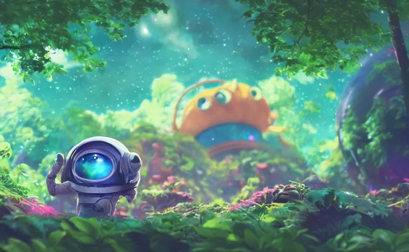 Image similar to a still of a cute adorable tiny astronaut, on a planet of lush colorful foliage, with an enormous kaiju dragon surrounding the full background, magical forest, sharp focus, neon backlit, highly detailed, disney pixar studio ghibli makoto shinkai, digital painting, matte, octane render, cinematic bloom, global illumination, iridescent, anime, 8 k concept art