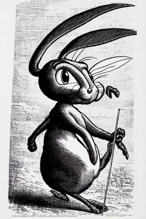 Image similar to bugs bunny, as a demon from the dictionarre infernal, pen - and - ink illustration, etching by louis le breton, 1 8 6 9, 1 2 0 0 dpi scan, ultrasharp detail, hq scan, intricate details, stylized border