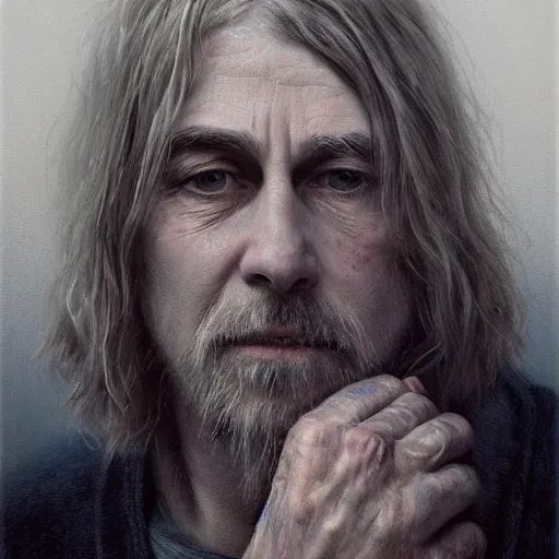 Image similar to UHD tonalism painting of an elderly, old Kurt Cobain, by Antonio Caparo and Ferdinand Knab and Greg Rutkowski, UHD, photorealistic, trending on artstation, trending on deviantart