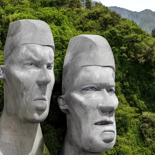 Image similar to a series of gigantic weird concrete head busts in the mountains, surrounded by vegetation, perspective shot from the sky, realistic, by origiful, 4 k