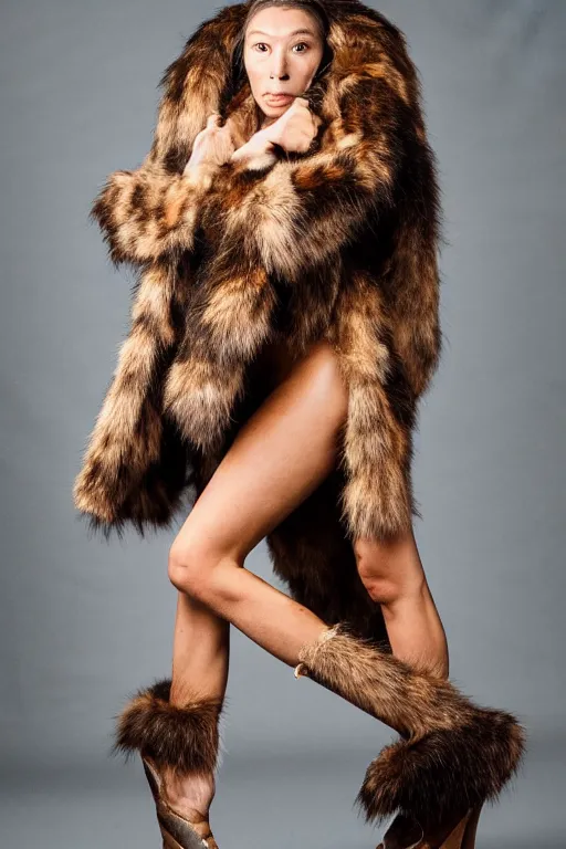 Prompt: a neanderthal woman wearing animal skin, posing as a model for vogue, studio lighting