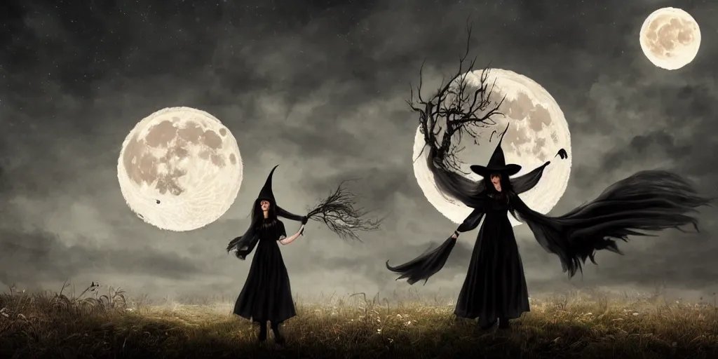 Image similar to illustration of a Witch in front of the full big moon, realistic painting, high definition, digital art, matte painting, very detailed, realistic
