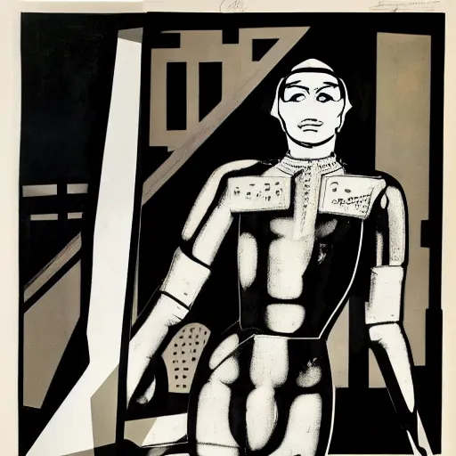 Prompt: cyborg of fritz lang's metropolis, litography by andy warhol