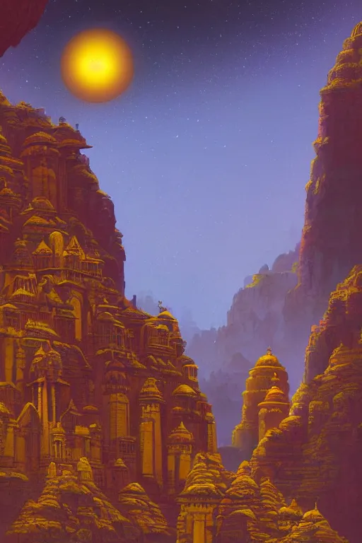 Prompt: ancient indian temple built into canyon walls, monks standing around golden statue glowing yellow, light streaks in the sky, floating planets and moons, dramatic lighting, artstation, matte painting, ralph mcquarrie, simon stalenhag