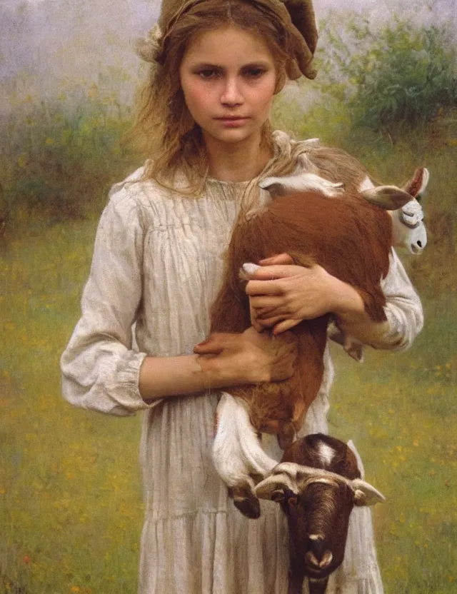 Image similar to portrait of peasant girl holding goat in her hands, cottage core, cinematic focus, polaroid photo bleached vintage pastel colors high - key lighting, soft lights, foggy, by steve hanks, by lisa yuskavage, by serov valentin, by tarkovsky, 8 k render, detailed, oil on canvas