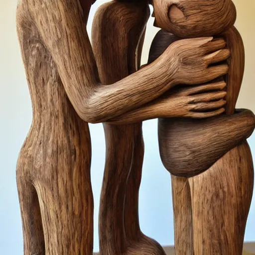 Prompt: a wood masterpiece symbolizing hugging