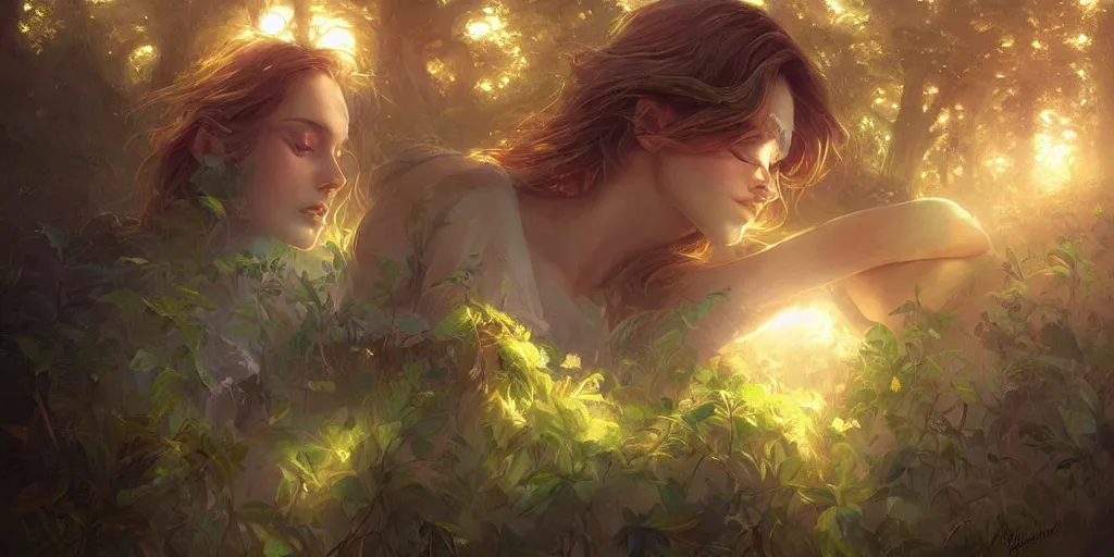 Prompt: light pouring through the clouds vivid exuberant immaculate digital painting golden hour light mist refractive lighting lush greenery by ross tran charlie bowater, mandy jurgens