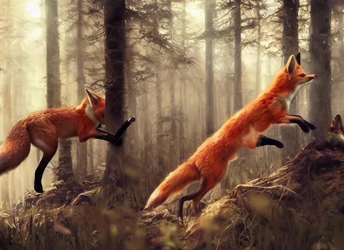 Prompt: foxes playing in the woods, digital painting, highly detailed, artstation, sharp focus, illustration, concept art, ruan jia, steve mccurry, amazing composition