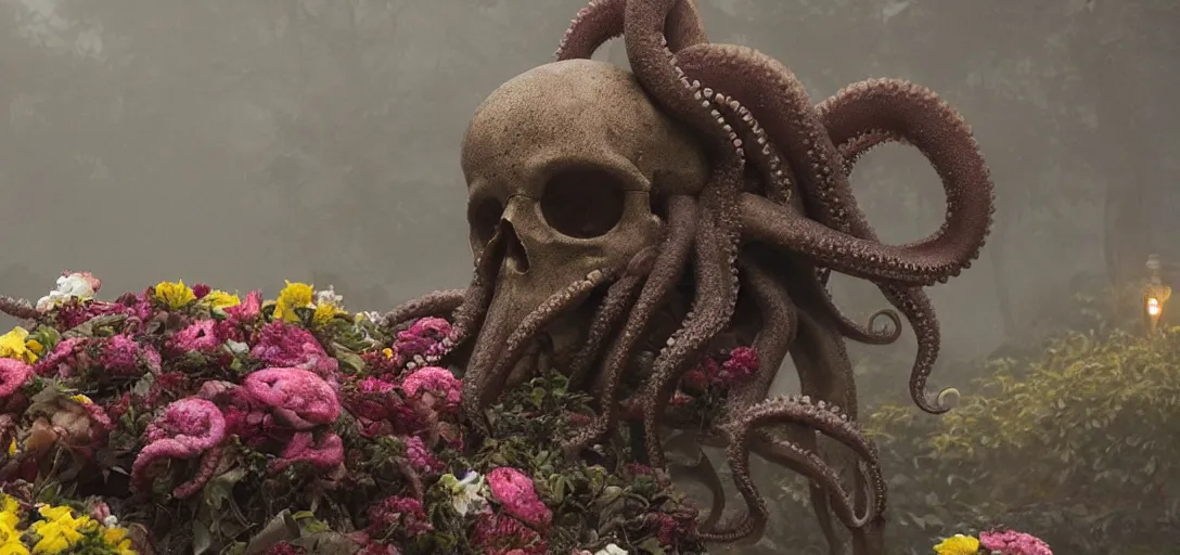 Prompt: an octopus in the shape of a skull surrounded by flowers! at midnight, ( fog! ), foggy!, cinematic shot, photo still from movie by denis villeneuve, wayne barlowe