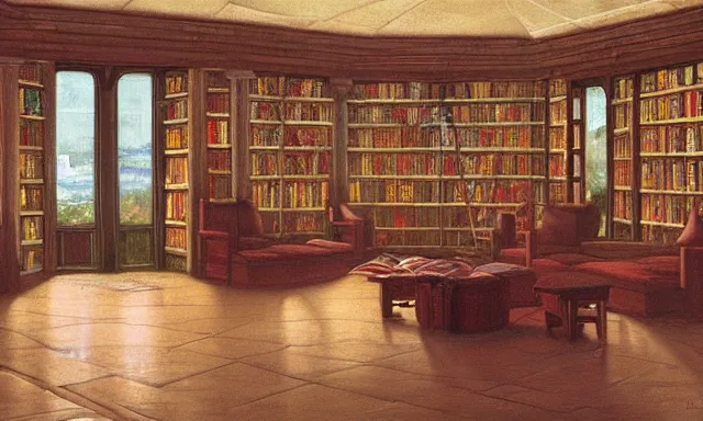 Prompt: A beautiful ultradetailed painting of a cozy library with many windows and cushions on a rainy day, John William Waterhouse, Raphael Lacoste, Thomas Cole, Legend of Korra, trending on artstation