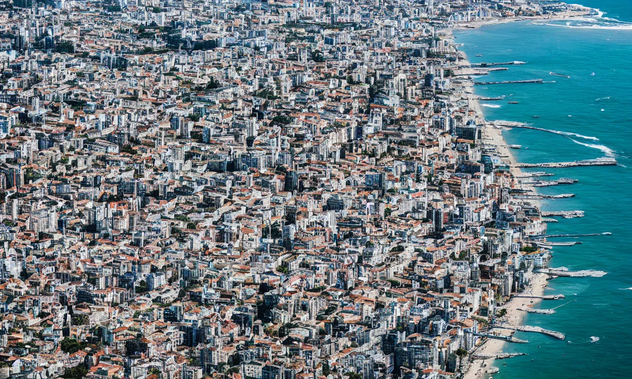 Image similar to birdseye view of a stunning coastal city, professional photography
