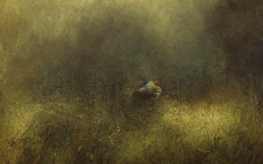 Prompt: the sleeping old man submerged in shadow and mist overgrown garden (melancholy), exquisite painting, moody sharp colors