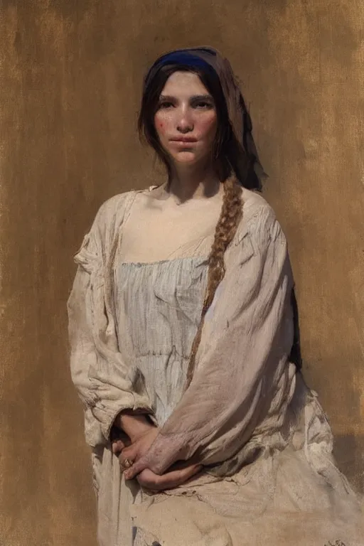 Prompt: Richard Schmid and Jeremy Lipking and Antonio Rotta full length portrait painting of a young beautiful traditonal bible character Mary Magdalene woman