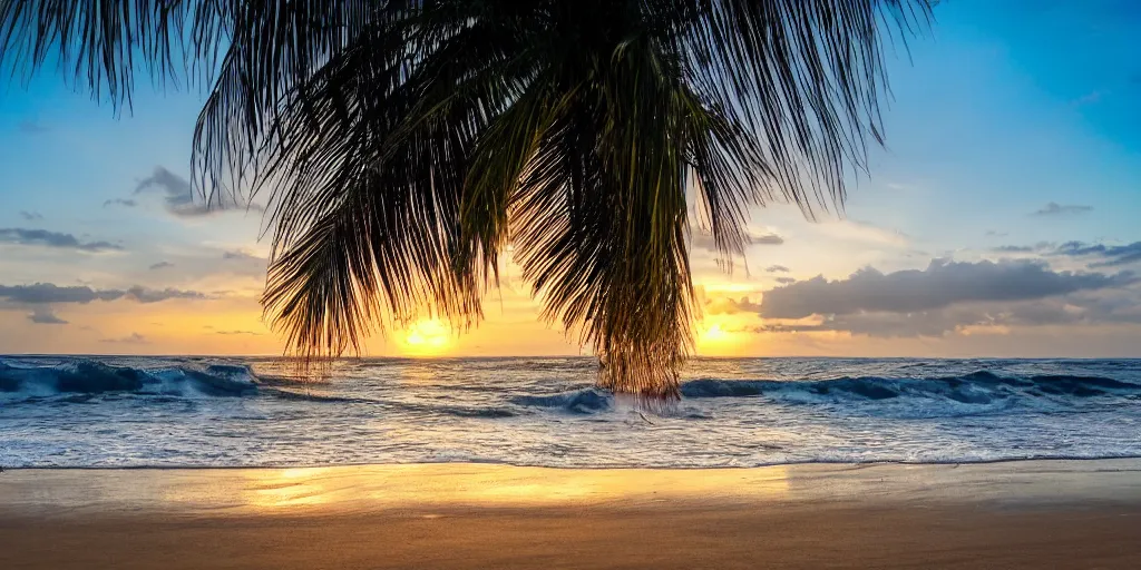 Prompt: highly detailed photograph of a palm covered office on a beach with waves crashing behind it at sunset