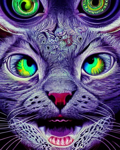 Image similar to psychedelic 6 0 s portrait of funny giant cute eyes kitten, intricate abstract. intricate artwork, by tooth wu, wlop, beeple, dan mumford. concept art, octane render, trending on artstation, greg rutkowski very coherent symmetrical artwork. cinematic, key art, hyper realism, high detail, octane render, 8 k, iridescent accents