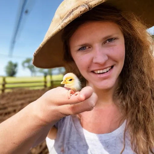 Prompt: A proud young woman in a farm holding up a baby chick extremely close to the camera, almost touching the lens. photograph extremely close wide-angle lens