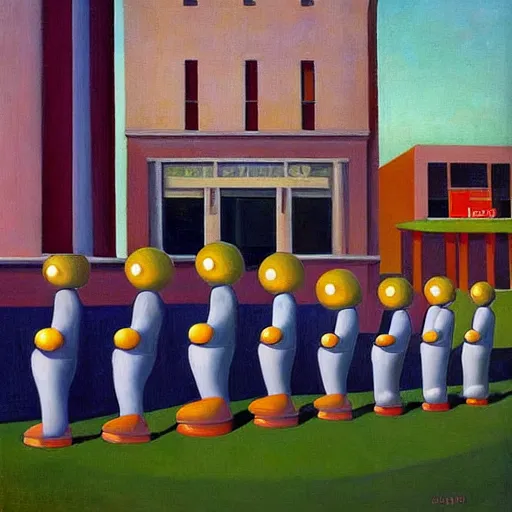 Prompt: robots queue up for ice cream,! grant wood!,! pj crook!, edward hopper, oil on canvas