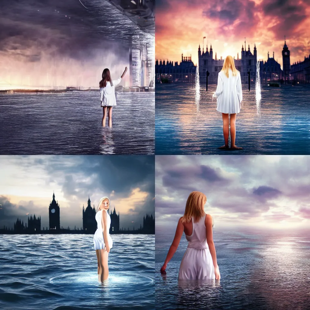 Prompt: Young blonde girl dressed in white looking at futuristic flooded london sunset, hyper realistic, photoreal