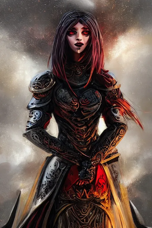 Image similar to portrait knights of Zodiac girl+smoky eyes, metalic black and red mirror reflected armor, in ruined Agora of Athens, black magic night, ssci-fi, fantasy, intricate, very very beautiful, elegant, golden light, highly detailed, digital painting, artstation, concept art, smooth, sharp focus, illustration, art by tian zi and WLOP and alphonse mucha