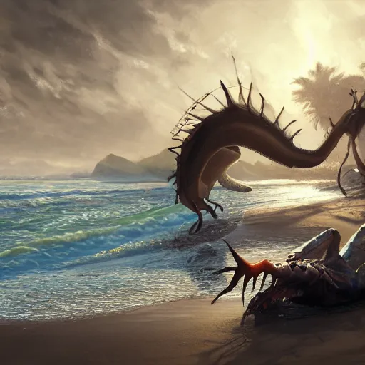 Image similar to a dying beached sea dragon washing up on the shore of a beach by jaime jones, cgsociety, fantasy art, concept art, artstation hd, deviantart hd. highly detailed. dramatic light. masterpiece