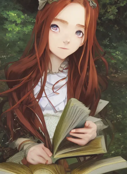 Image similar to a close up of a victorian maid with long flowing auburn hair sitting in a forest reading a book. cute anime eyes. by makoto shinkai, stanley artgerm lau, wlop, rossdraws, james jean, andrei riabovitchev, marc simonetti, krenz cushart, sakimichan, trending on artstation, digital art.