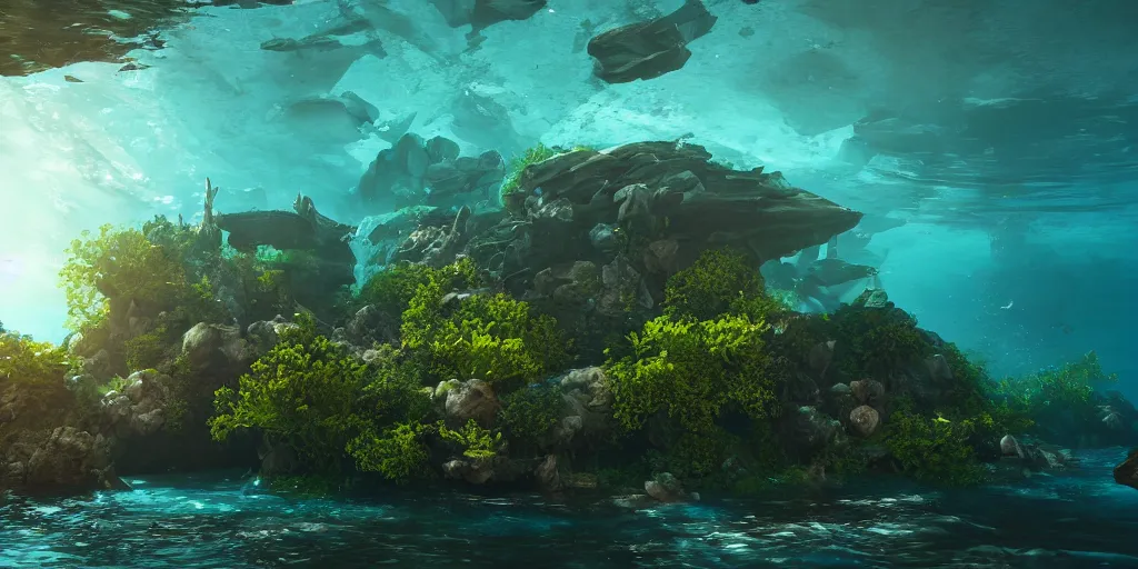 Prompt: underwater enviroment, unreal 5, hyperrealistic, realistic, photorealistic, dynamic lighting, highly detailed, cinematic landscape, studio landscape, studio lighting