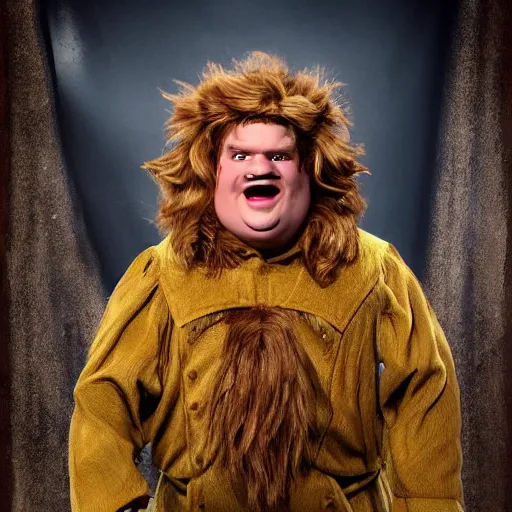 Image similar to snl chris farley as the cowardly lion of oz, studio poster photography, trending on artstation, featured on deviantart, award winning costume