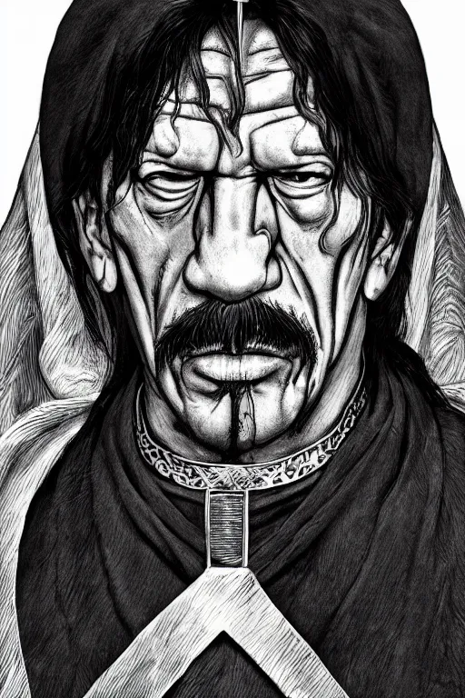 Image similar to portrait of Danny Trejo as church nun, highly detailed, artstation, manga illustration by Kentaro Miura berserk