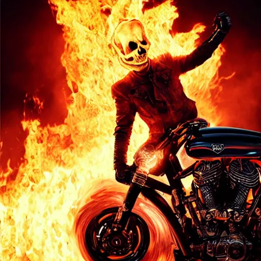 Image similar to An epic movie poster for Ghost Rider starring Ryan Gosling as Ghost Rider on a motorcycle with flames and half a skull face and chains on a desert road fire balls. Sharp. HD. 4K. 8K