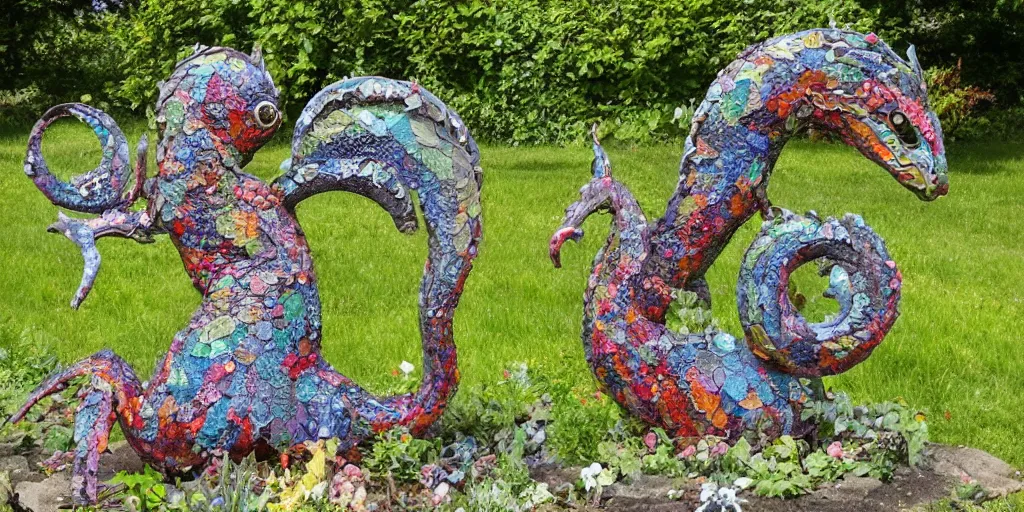 Prompt: folk art garden sculptures in an english cottage garden, cottagecore flower garden, concrete sculpture of a wyrm, colorful mosaic, sculpture by wouterina de raad!!!, art by james tellen, highly detailed, realistic anatomical proportions, textured hand built concrete sculpture, amazing concrete sculpture, 4 k