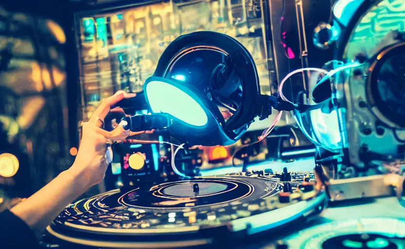 Image similar to a person wearing goggles and visor and headphones using a retro clockwork record player contraption, wires and tubes, turntablism dj scratching, intricate planetary gears, cinematic, imax, sharp focus, leds, bokeh, iridescent, black light, fog machine, hazy, lasers, hyper color digital art