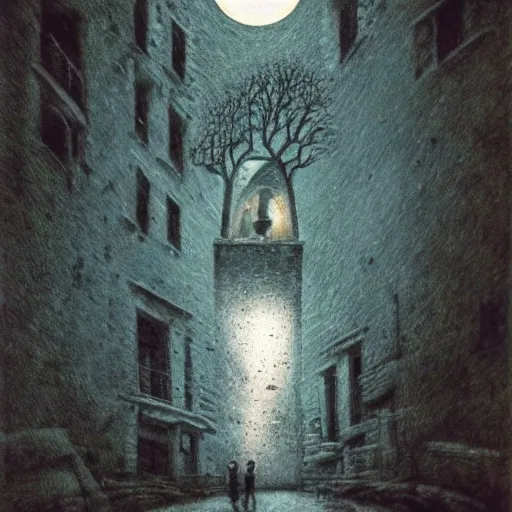 Prompt: time flying by in barbes rochechouart, regrets, melancholy, absent father, odissey, gritty feeling, moon, moonlight, at night, wandering in the city, stone, chaotic punk, oil painting, by beksinski, by kurosawa, by kiarostami, intense emotion