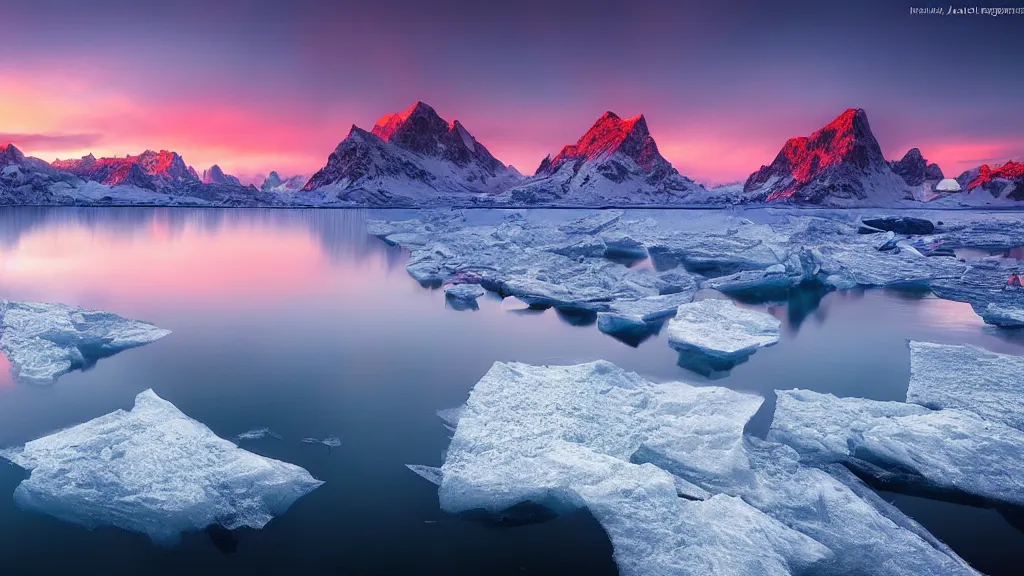 Image similar to amazing landscape photo of polar light with lake in sunset by marc adamus, beautiful dramatic lighting