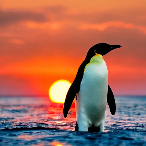 Image similar to big penguin in the middle of the sea, sunset, 4k, sharp, detailed