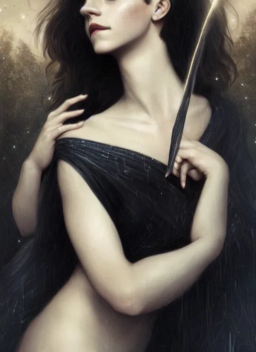 Prompt: emma watson as magic healer celestial, long hair, black and transparent cloth, space, D&D, shiny background, intricate, elegant, highly detailed, digital painting, artstation, concept art, smooth, sharp focus, illustration, artgerm, bouguereau