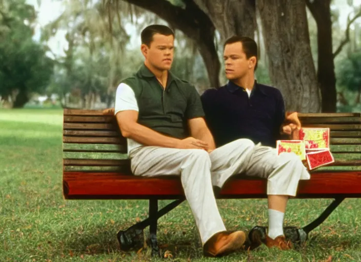 Image similar to film still of matt damon as forrest gump sitting on a bench with a box of chocolates in forrest gump, 4 k