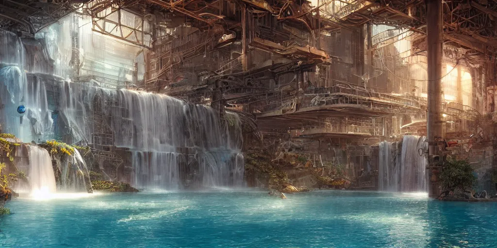 Image similar to beautiful pool waterfalls surrounded by alien robots, steel archways, industrial buildings, rusty metal towers, sun setting, ross tran, fantasy, james jean, peter morbacher, angelarium, alchemy, luxury, heavenly light, soft illumination, trending on artstation, cinematic lighting, digital painting, octane render, artgerm